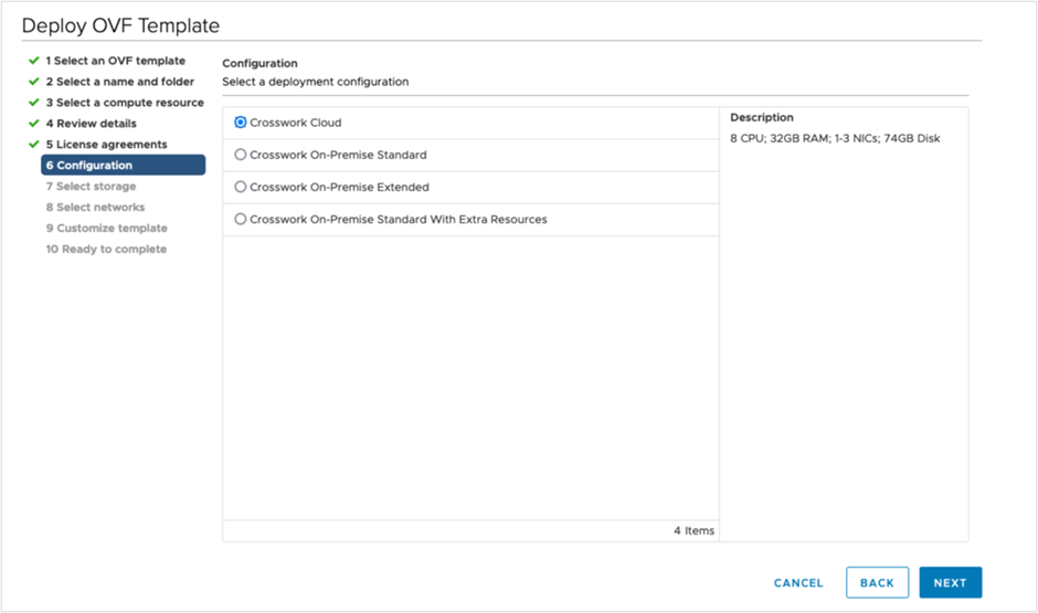 [OVFテンプレートの展開（Deploy OVF Template）] - [設定（Configuration）] ウィンドウ
