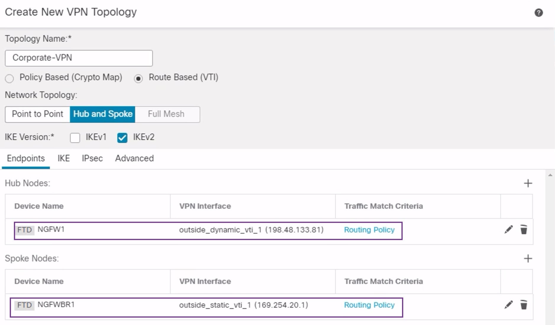 Screenshot of hub and spoke devices in the VPN wizard in Firewall Management Center