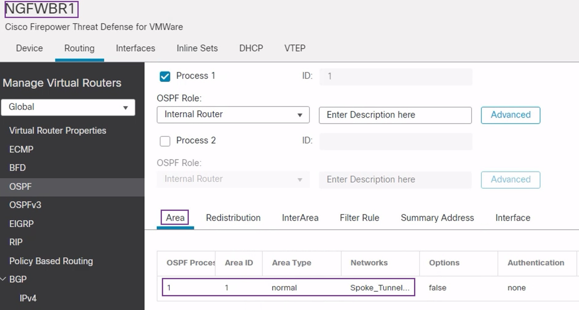 Screenshot of OSPF routing for a spoke device in Firewall Management Center