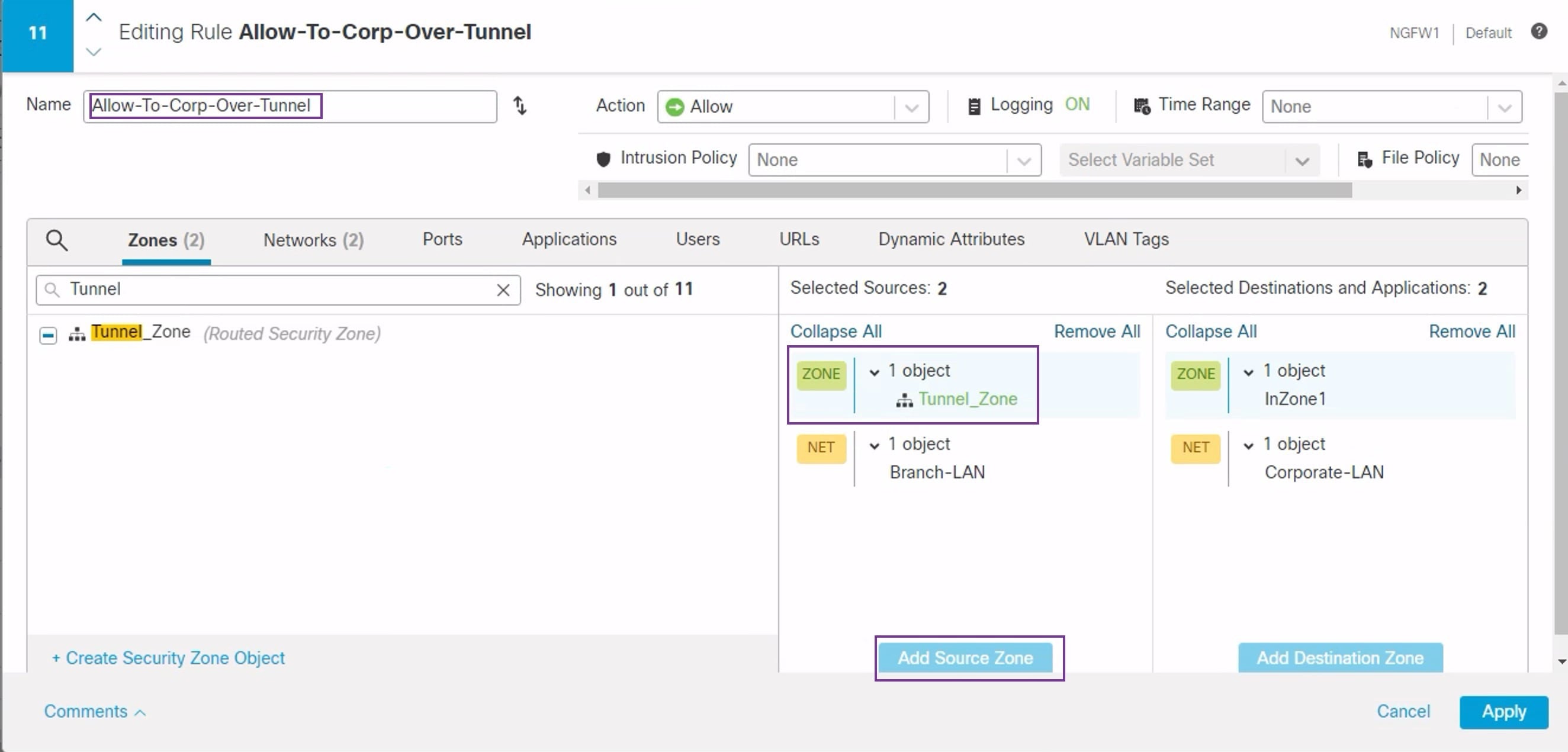 Screenshot of AC policy source zone configuration for a hub device