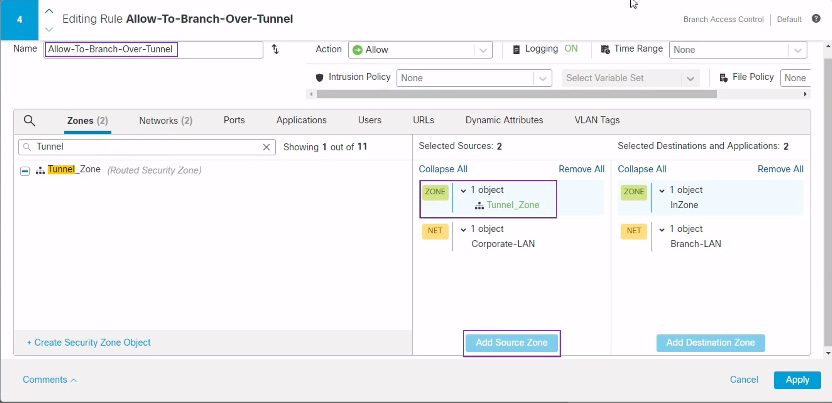 Screenshot of AC policy source zone configuration for a spoke device