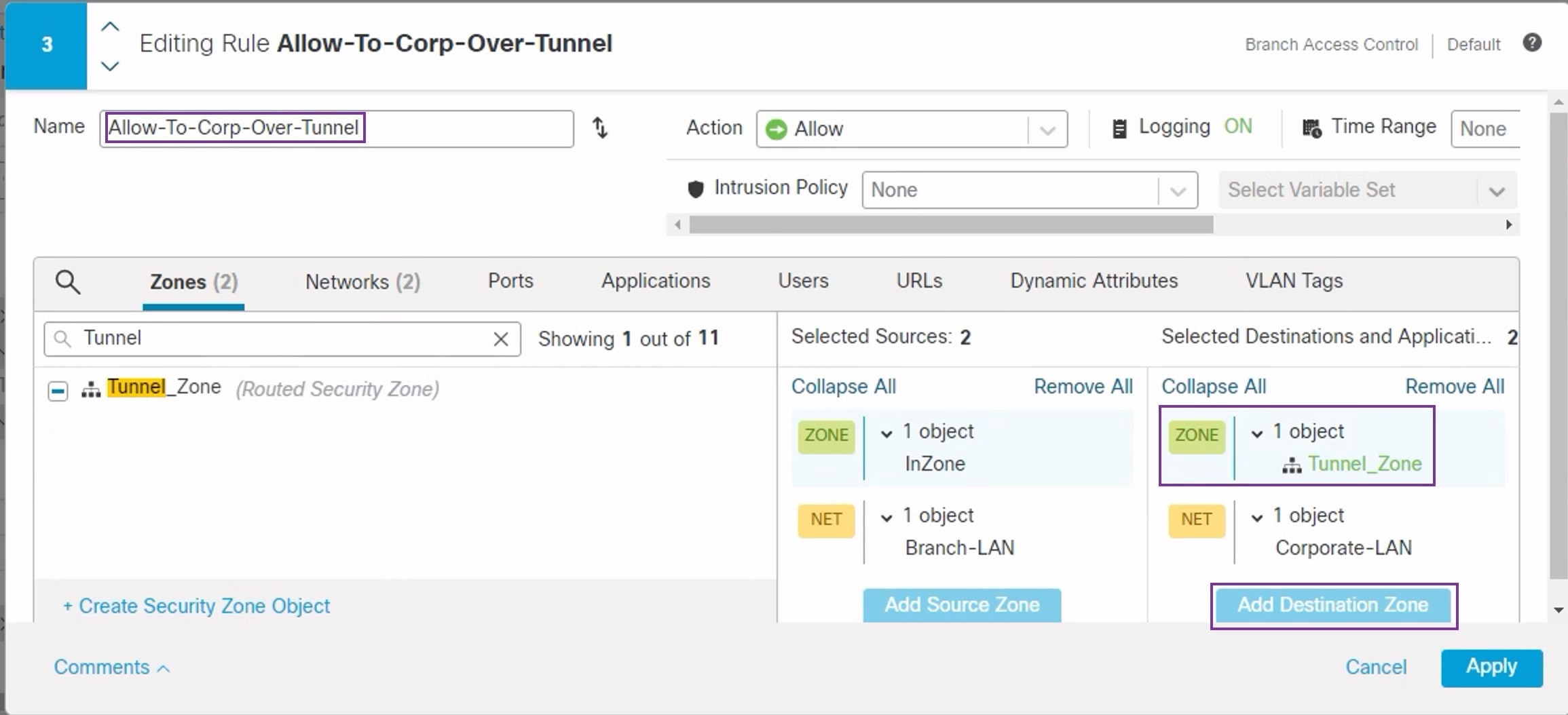 Screenshot of AC policy destination zone configuration for a spoke device