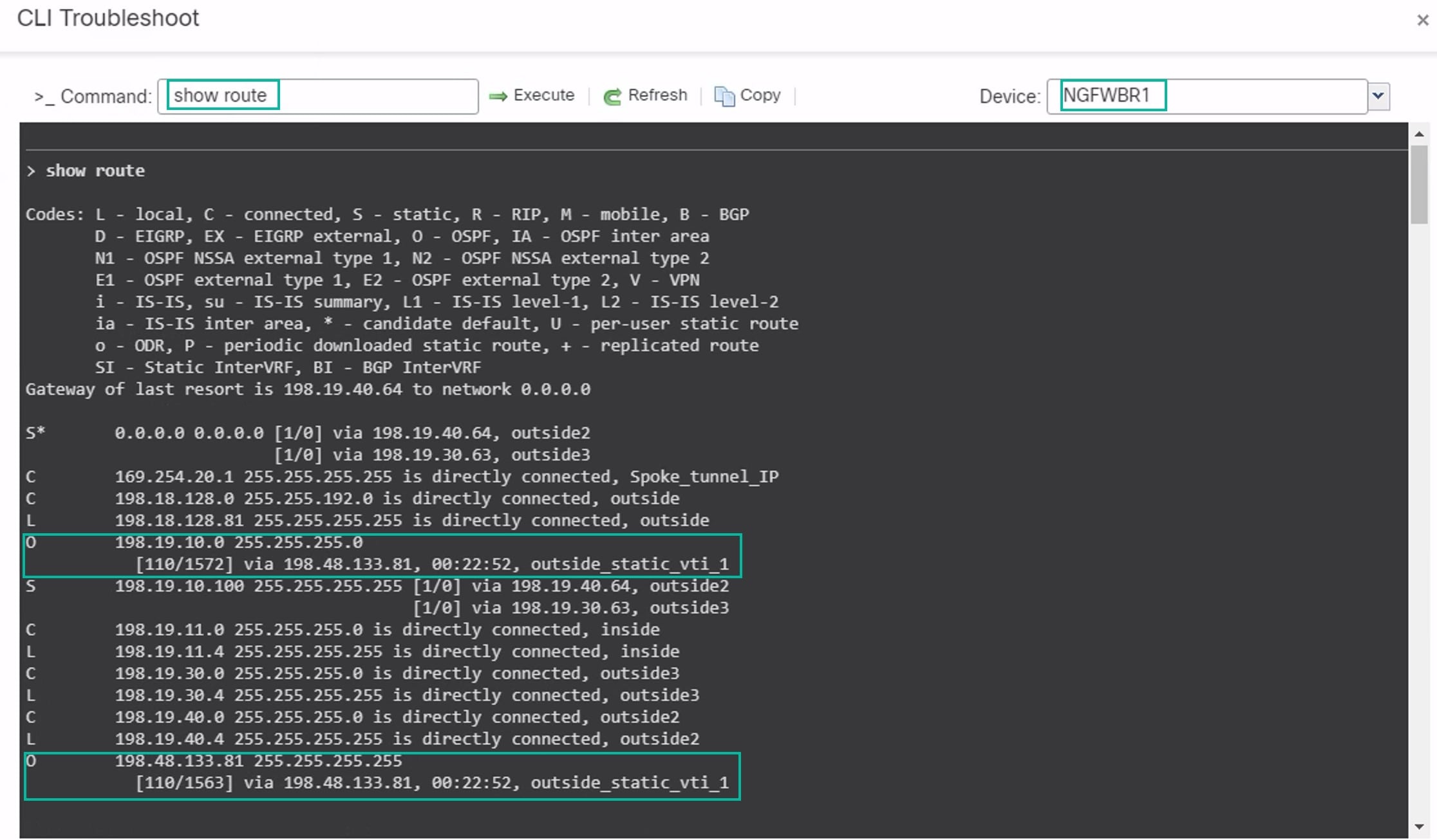 Output of show route command for a spoke device