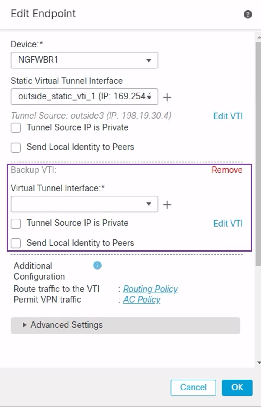 Screenshot of backup VTI configuration in Firewall Management Center