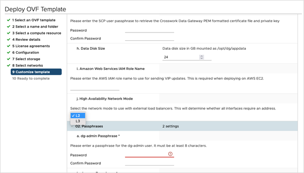 [OVFテンプレートの展開（Deploy OVF Template）] - [テンプレートのカスタマイズ（Customize template）] > [ホスト情報（Host information）] ウィンドウ > [高可用性ネットワークモード（High Availability Network Mode）]
