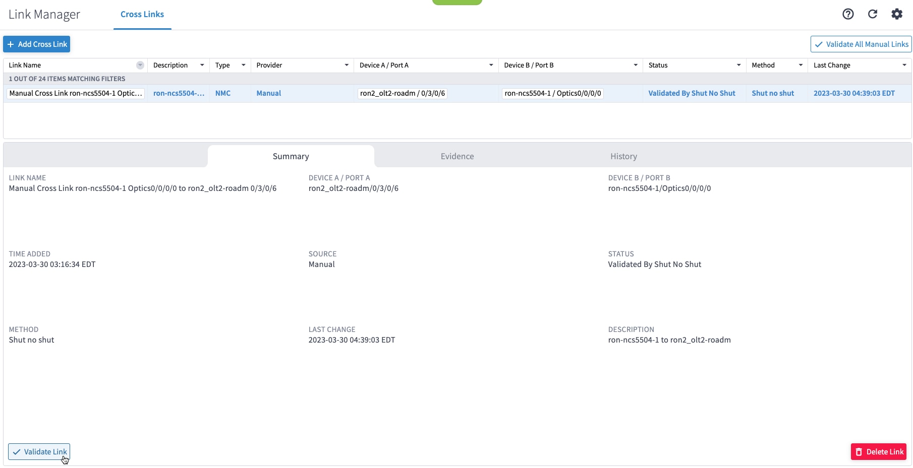 Link manager screen with a cross link selected and mouse pointer on Validate Link button
