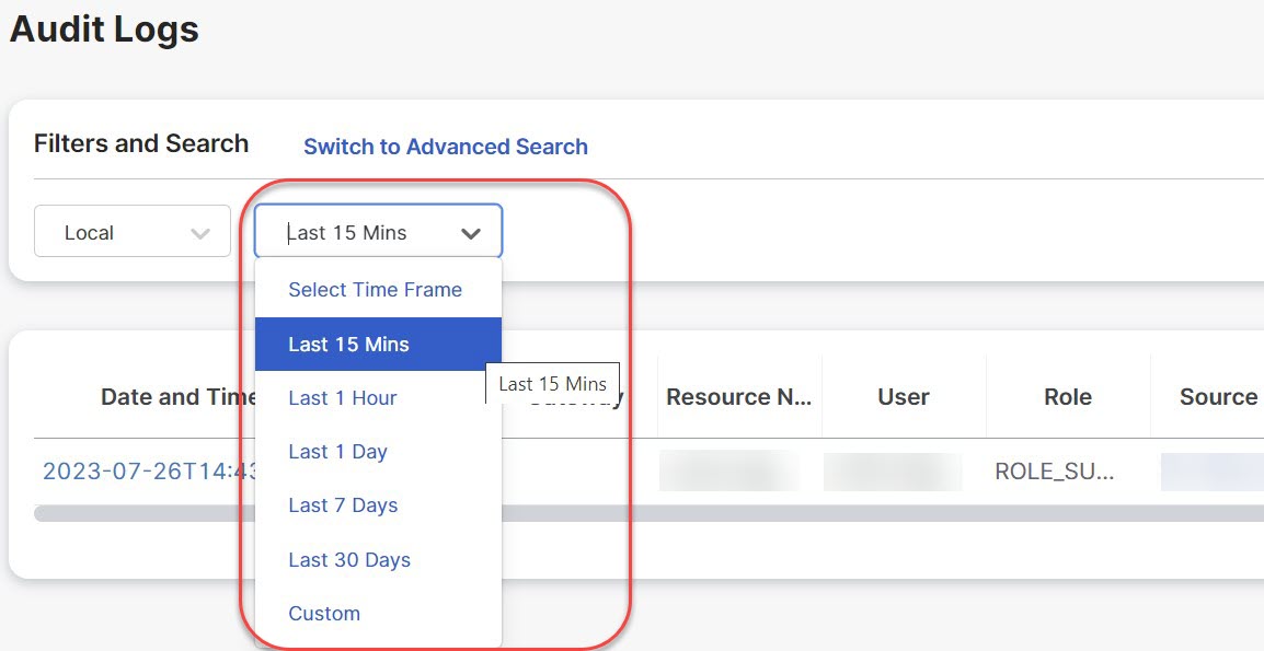 Timeframe selection from the drop-down list