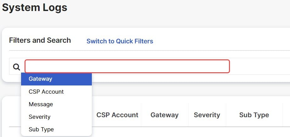 Menu drop-down from within the Search field.