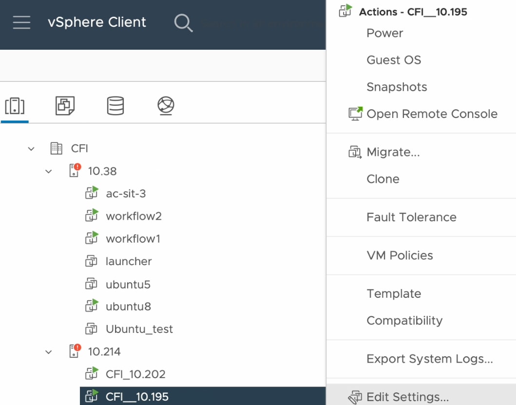 The Edit Settings option in the list of available actions.