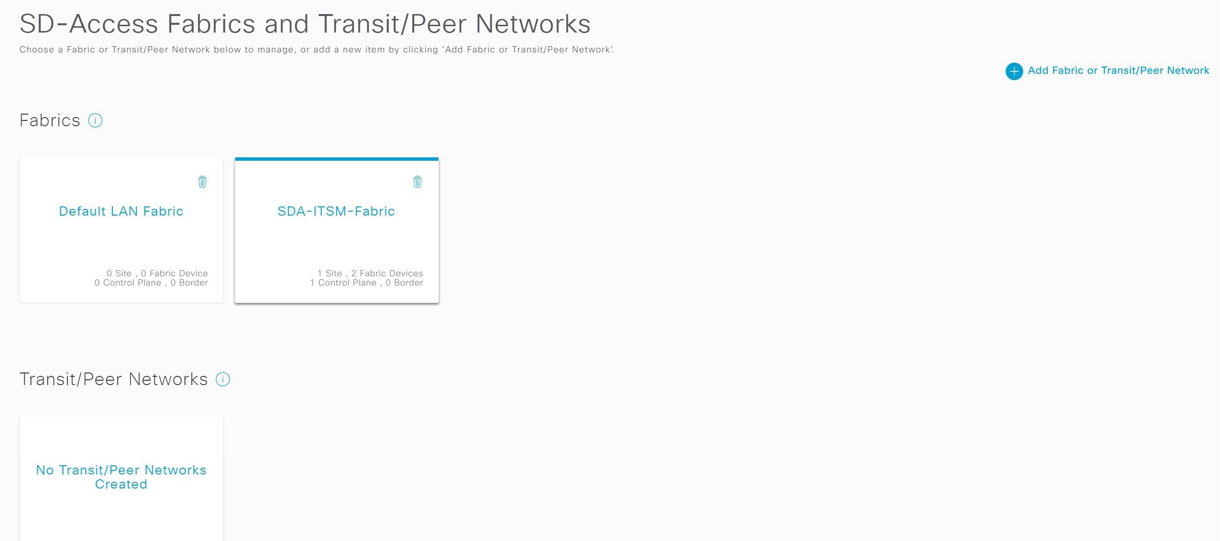 Fabrics and transit or peer networks in SD-Access.