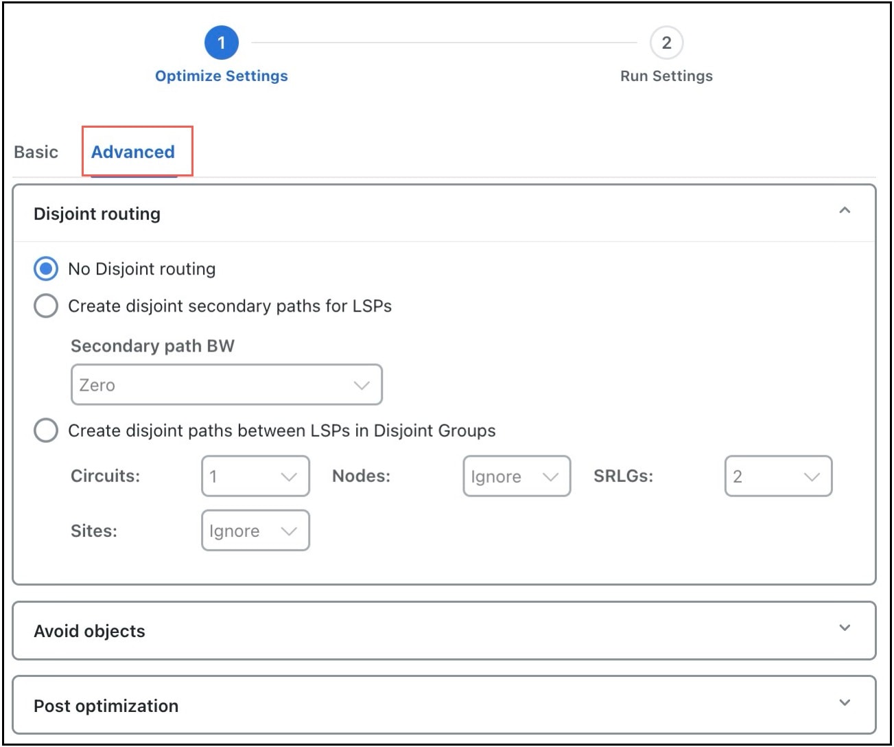 Screenshot of the Advanced tab showing RSVP-TE LSP disjoint path configuration options, including parameters for object type selection, bandwidth settings, and disjoint group definitions.
