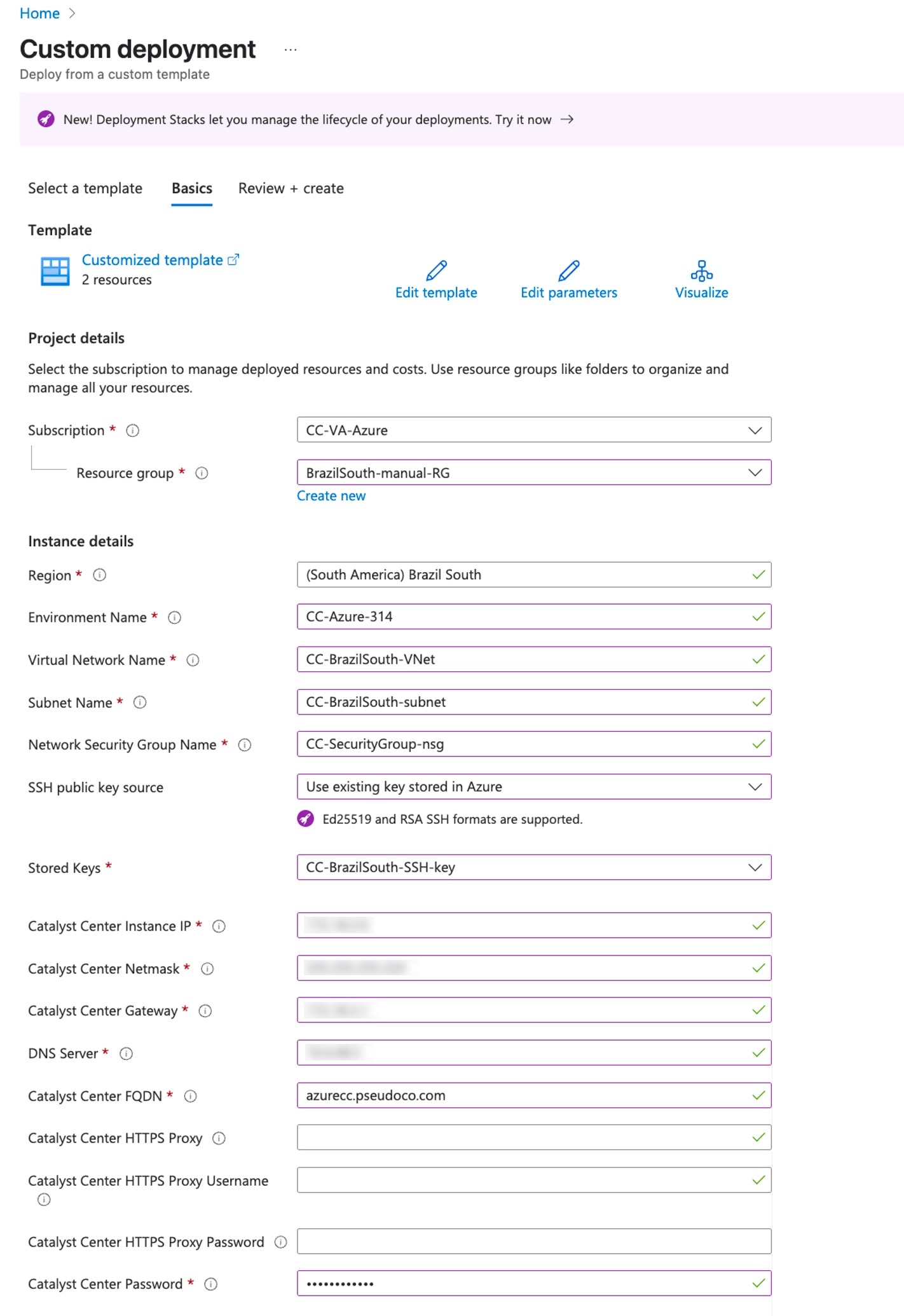 For the custom deployment, the Basics tab lists the required template parameters, such as the subscription and instance details.