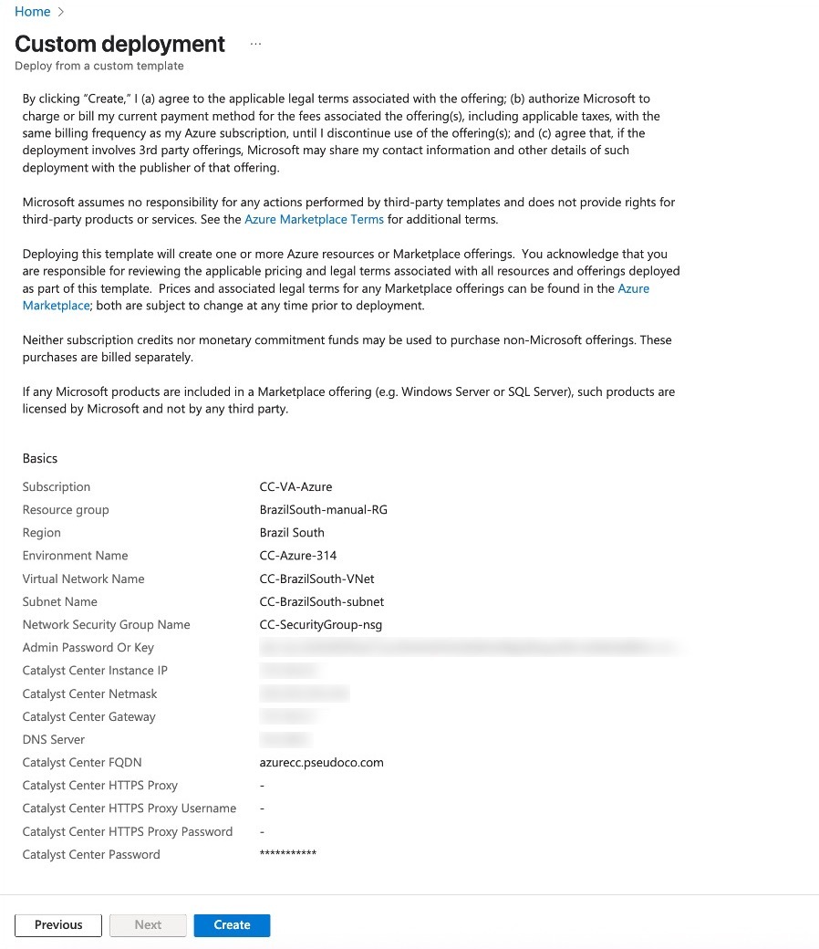 The Custom Deployment window displays the Azure Marketplace terms and a summary of the configured basic parameters.