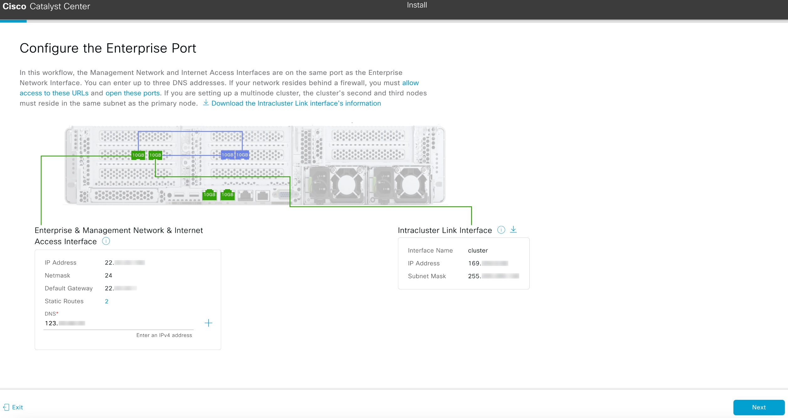 The Configure the Enterprise Port screen displays the step to set up the Enterprise, Management, and Internet Access interfaces on the Enterprise port.