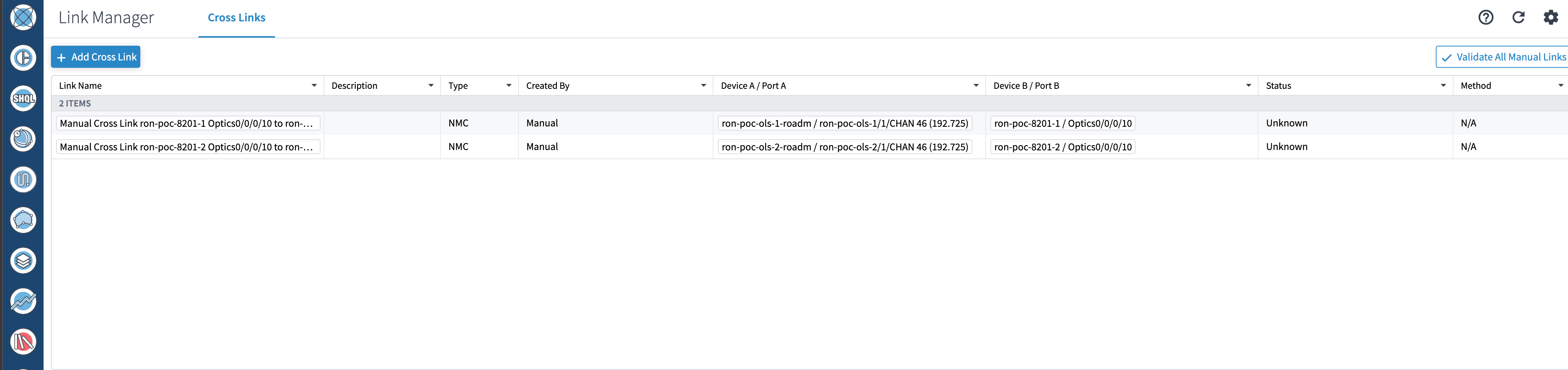 Initial view with list of cross links