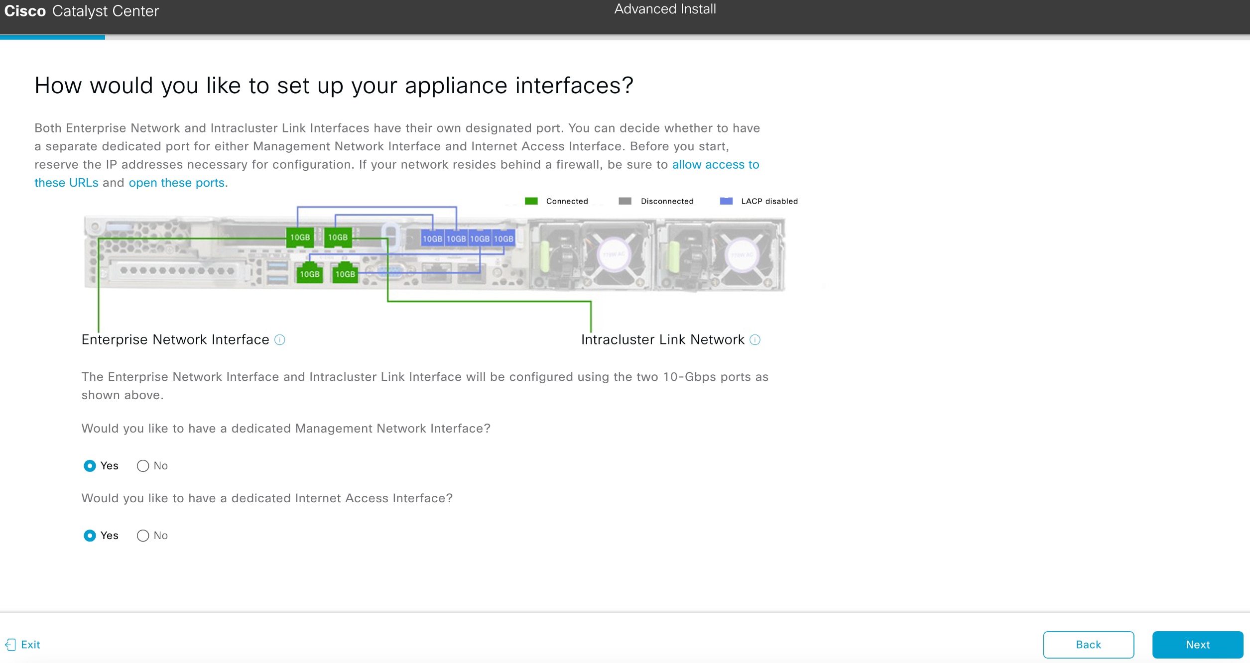 The How would you like to set up your appliance interfaces? screen displays the step to choose if you want to configure dedicated Management and Internet Access interfaces.