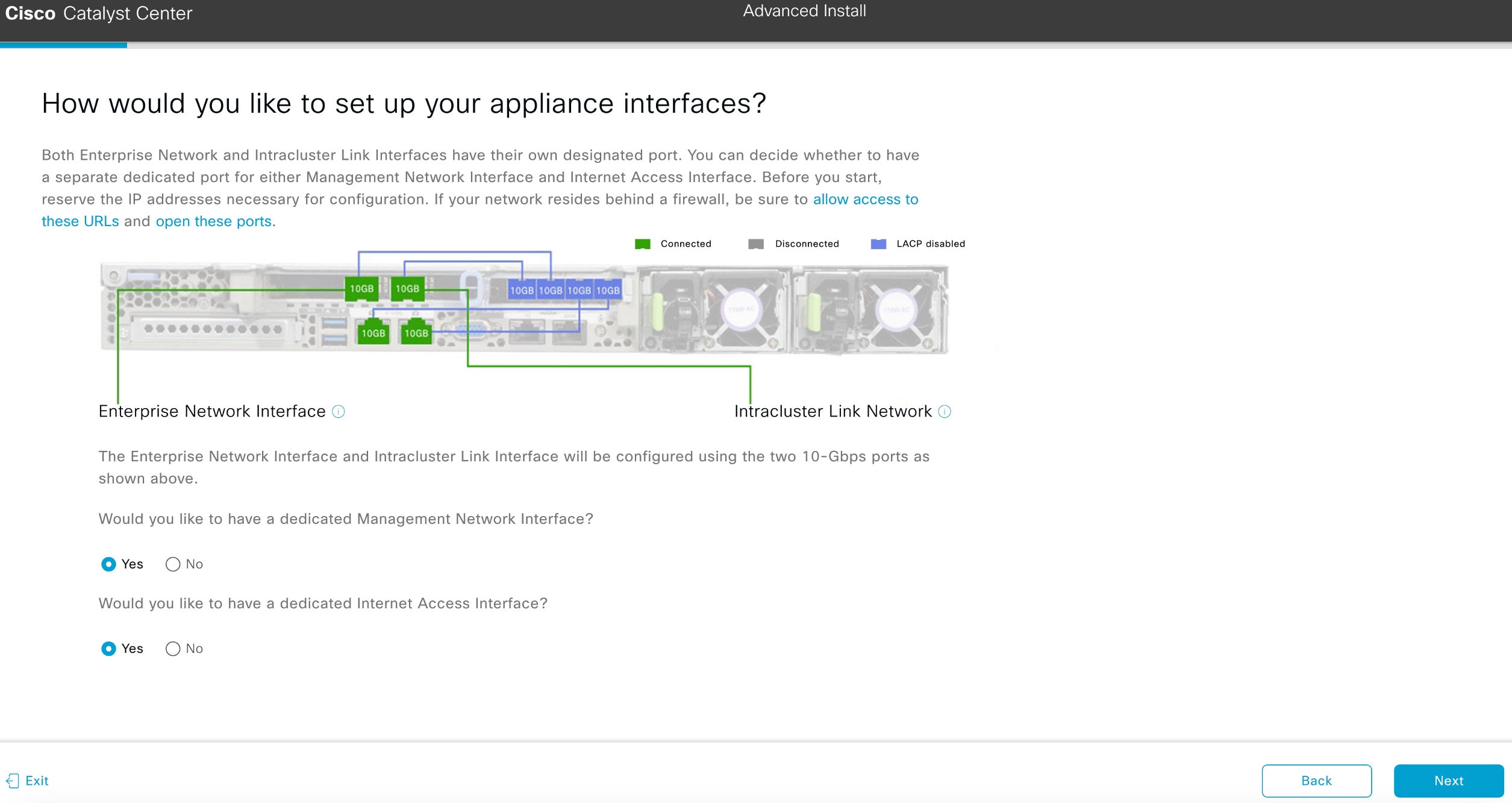 The How would you like to set up your appliance interfaces? screen displays the step to choose if you want to configure dedicated Management and Internet Access interfaces.