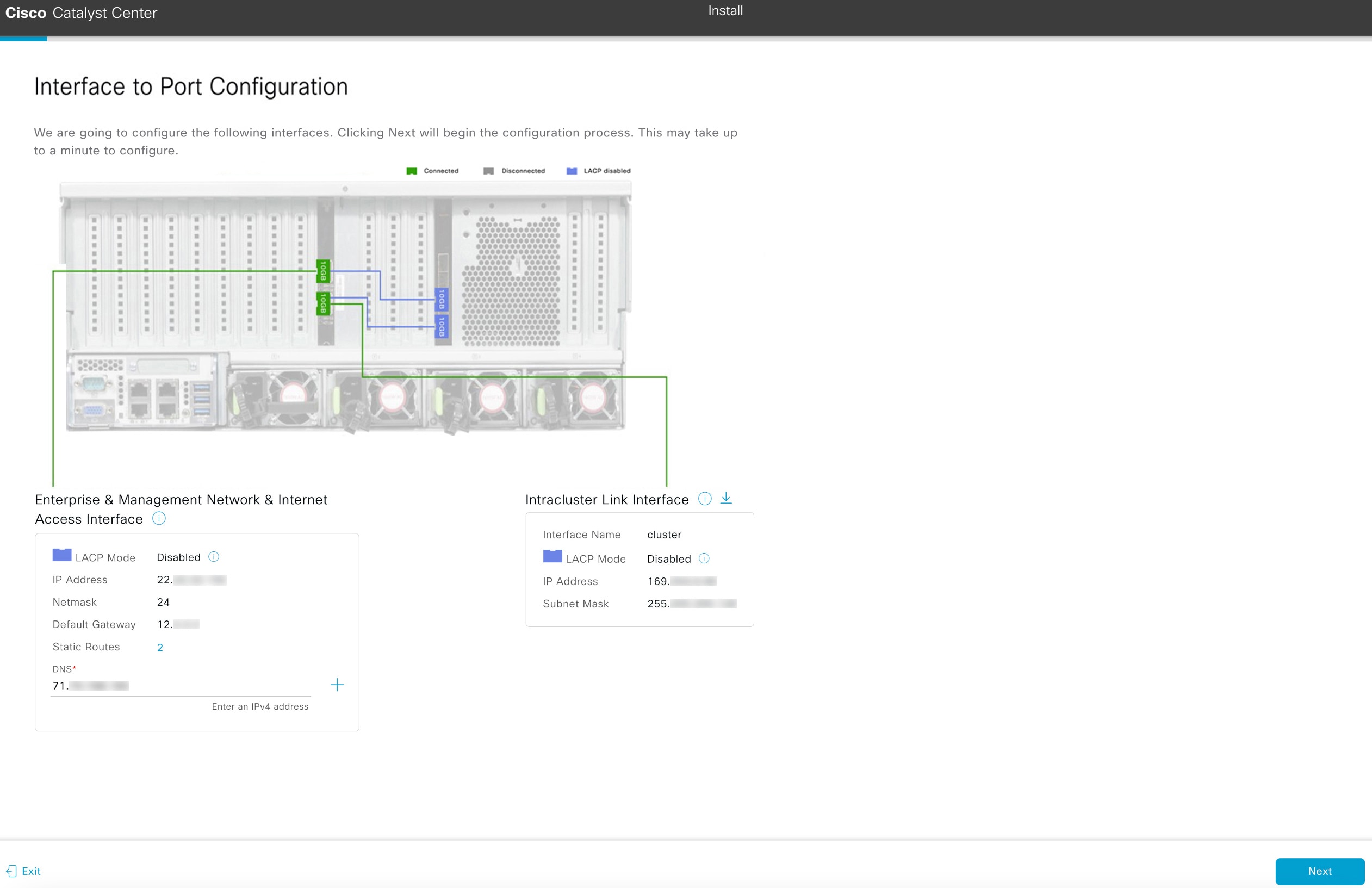 The Interface to Port Configuration screen displays the step to review the interface settings and then configure the interfaces.