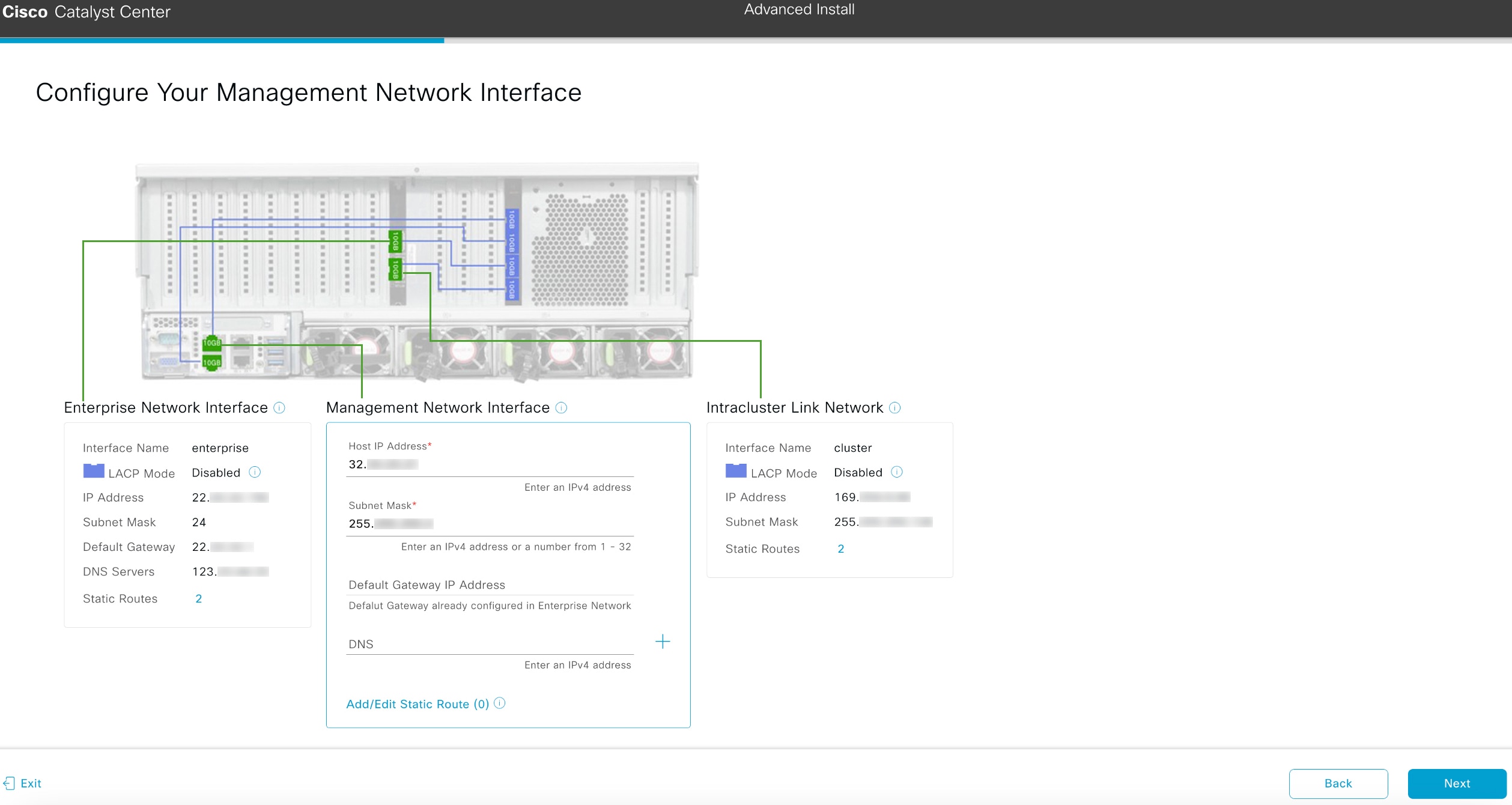 The Configure Your Management Network Interface screen displays the optional step to enter configuration values for the Management port.
