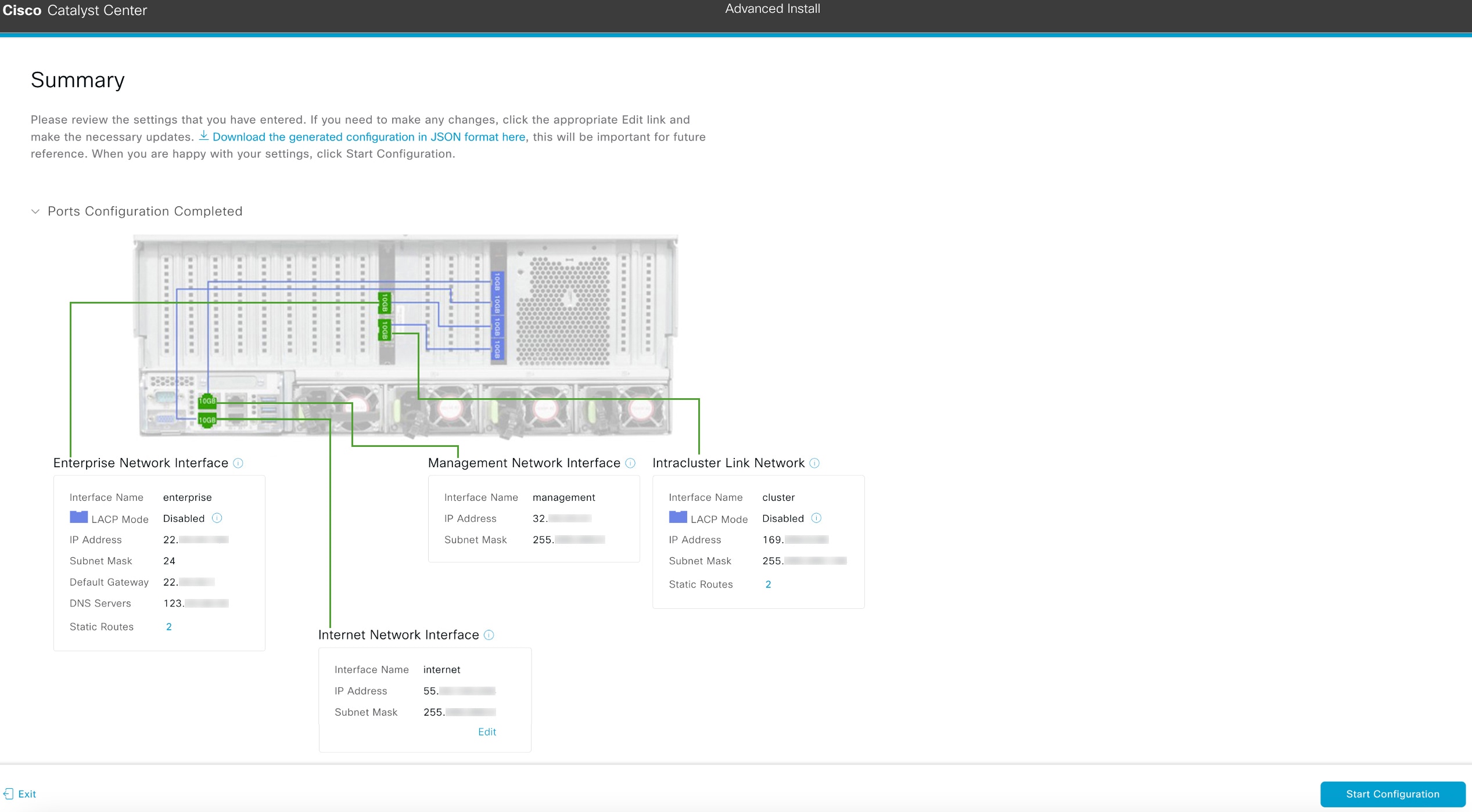 The Summary screen displays the step to review all the entered settings before starting the configuration.