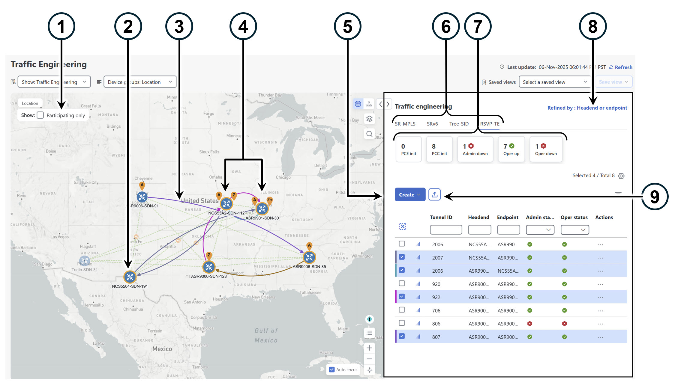 Traffic Engineering interface showing RSVP-TE tunnels as colored lines on the topology map.