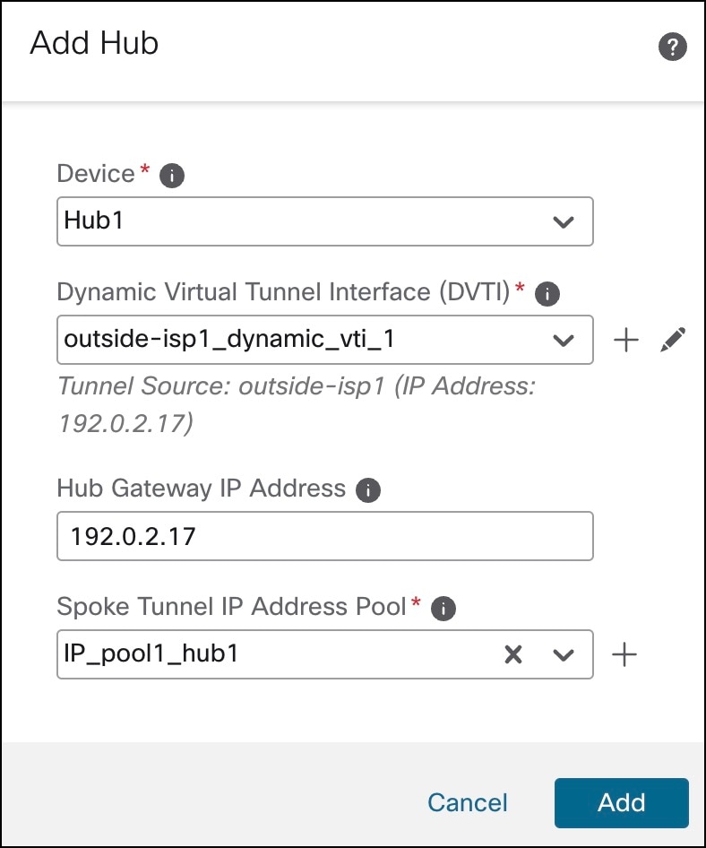 Add Hub dialog box in SD-WAN Wizard