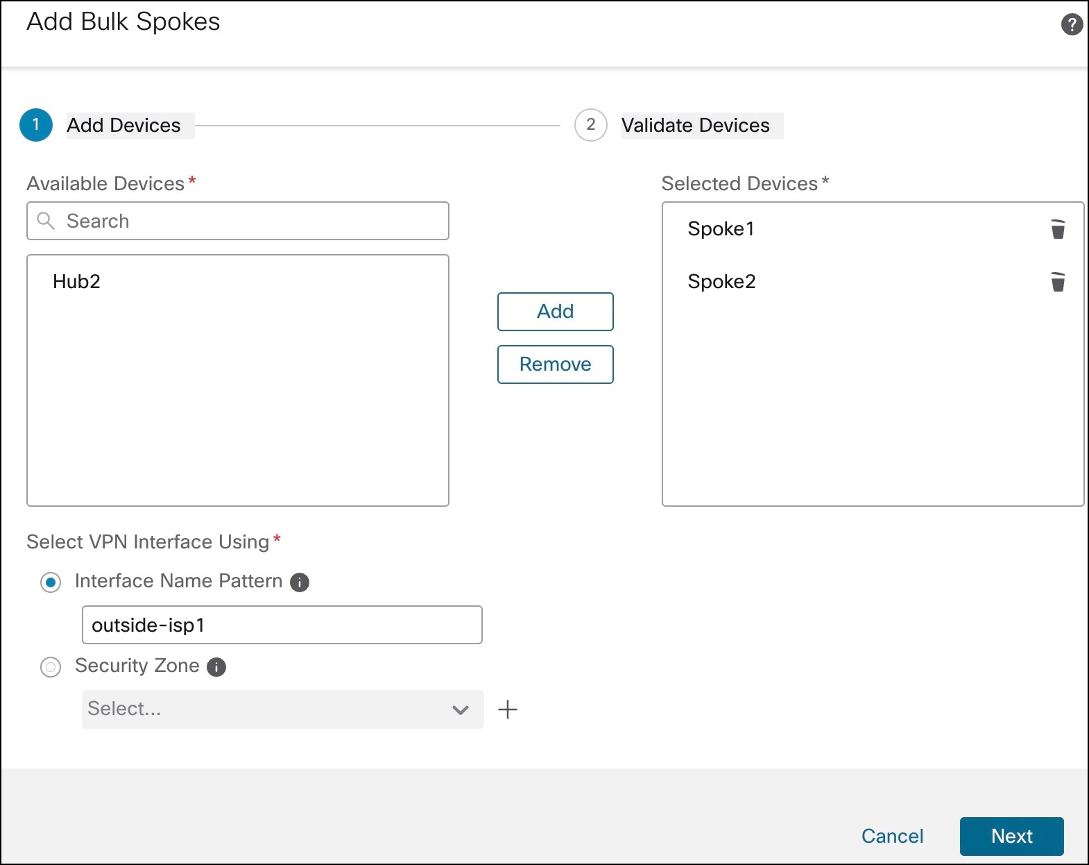 Add Bulk Spokes in SD-WAN Wizard