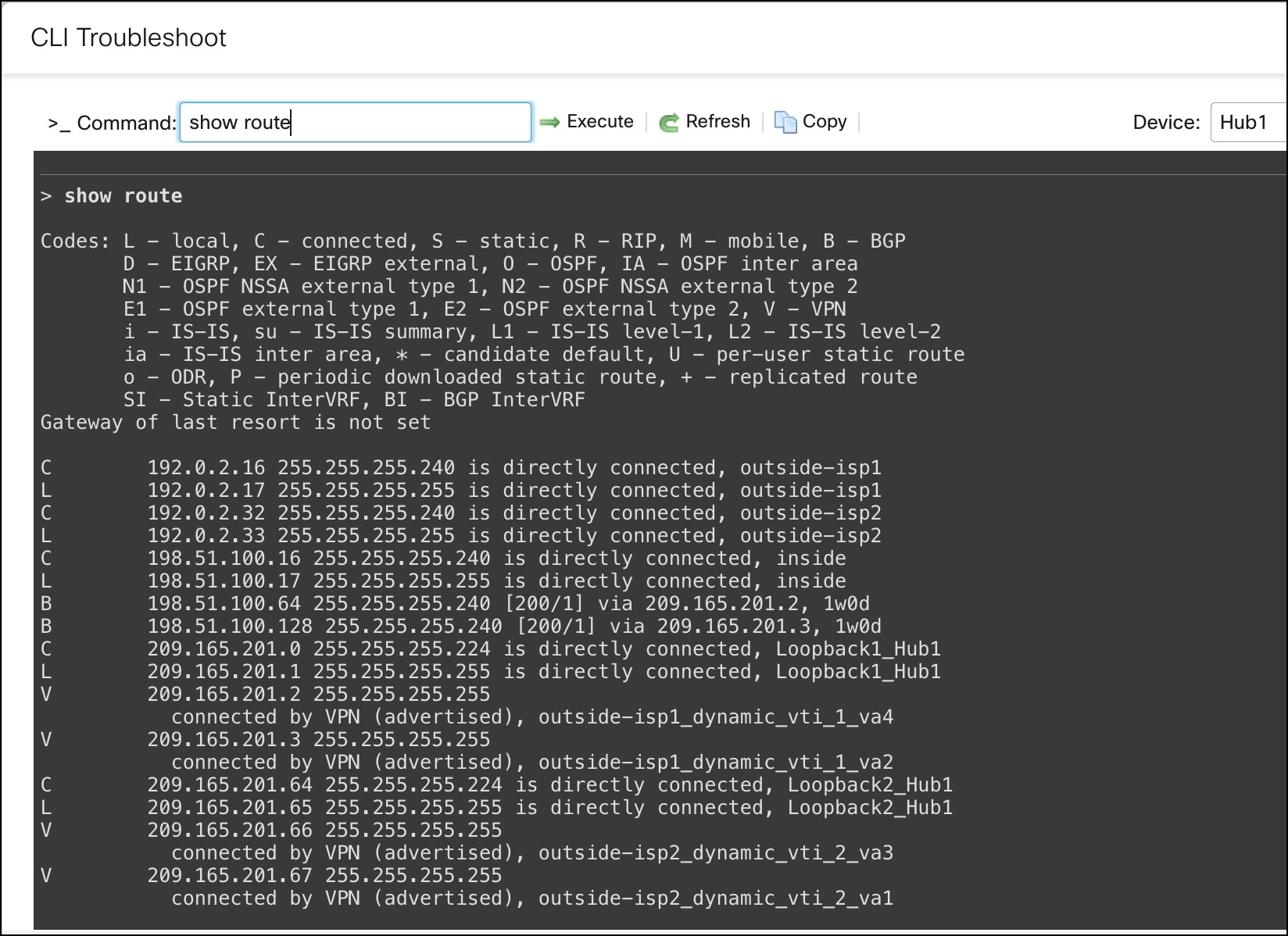 show route command for Hub1
