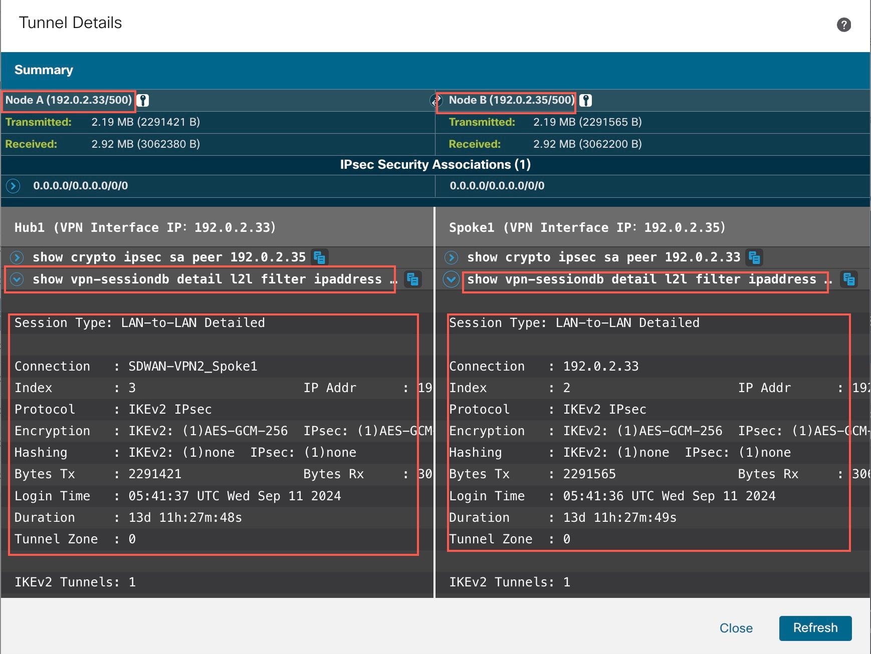 Output of show vpn-sessiondb detail l2lfilter ipaddress command of Hub1