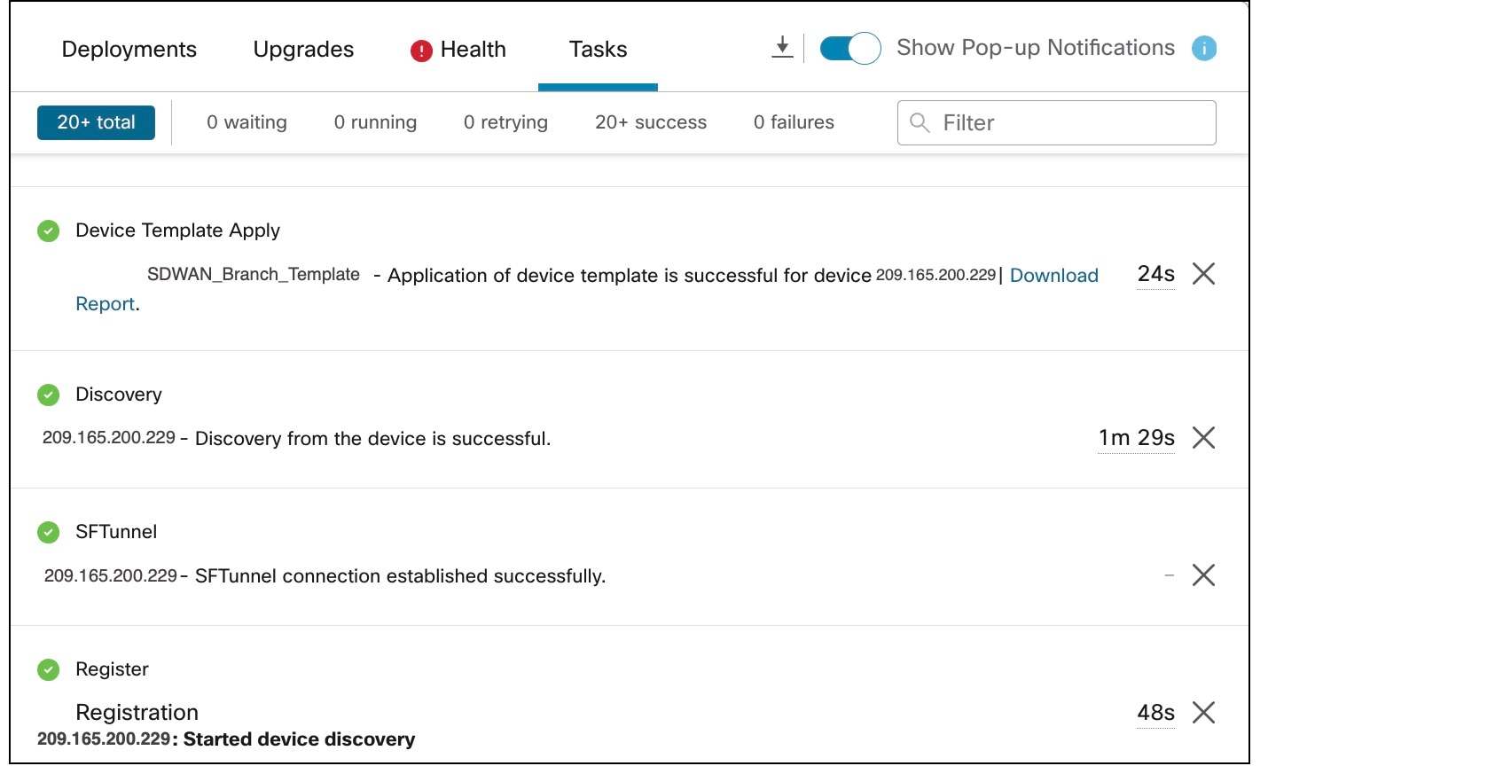 Notifications about device registration and template application on a device