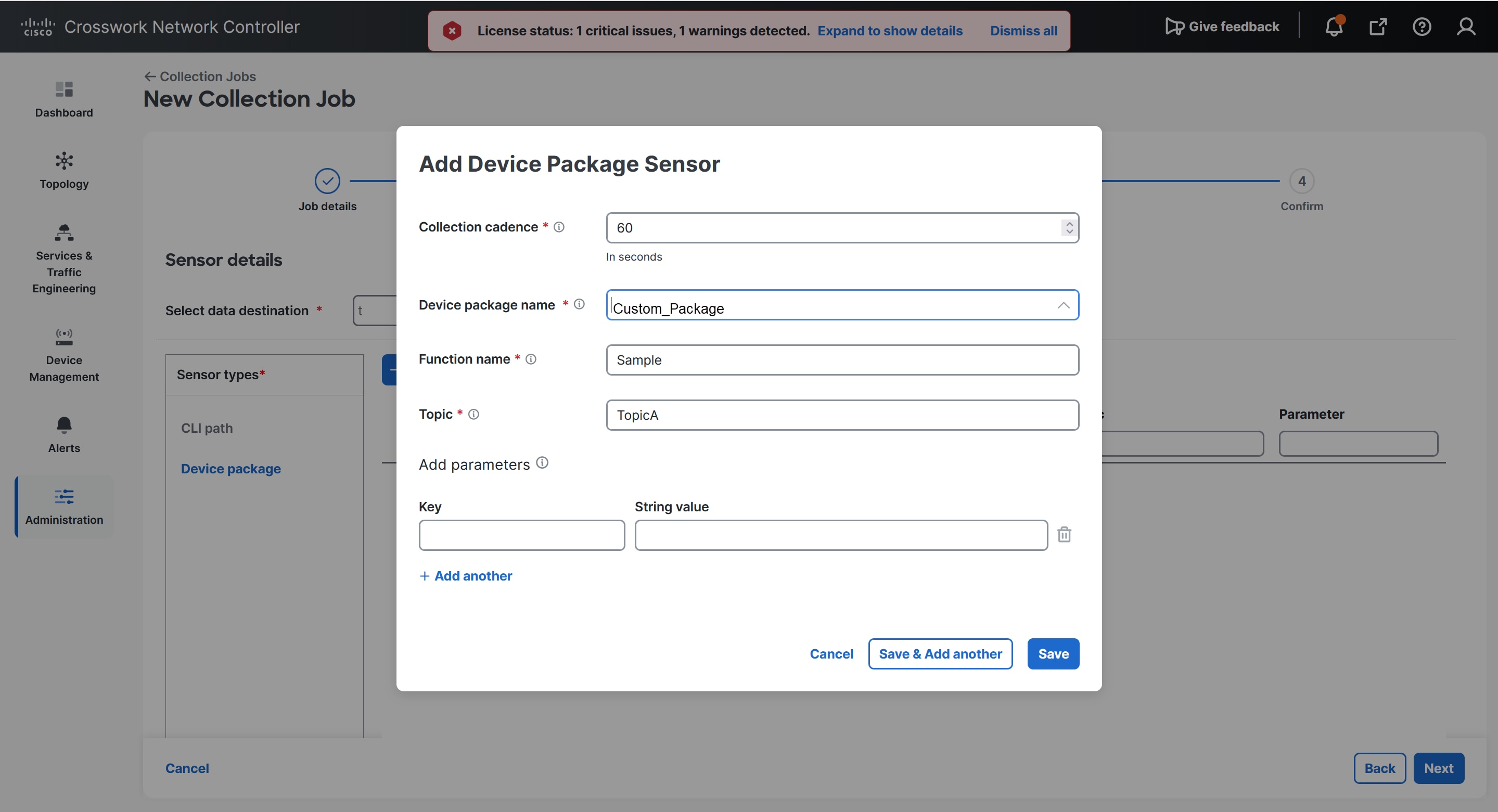 Add Device Package Sensor Dialog Box