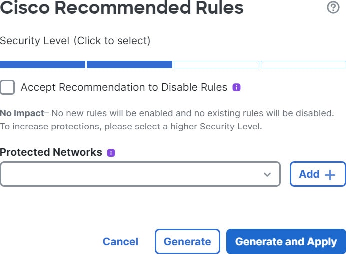 The Cisco Recommended Rules window allows users to configure the security level settings for Snort 3.
