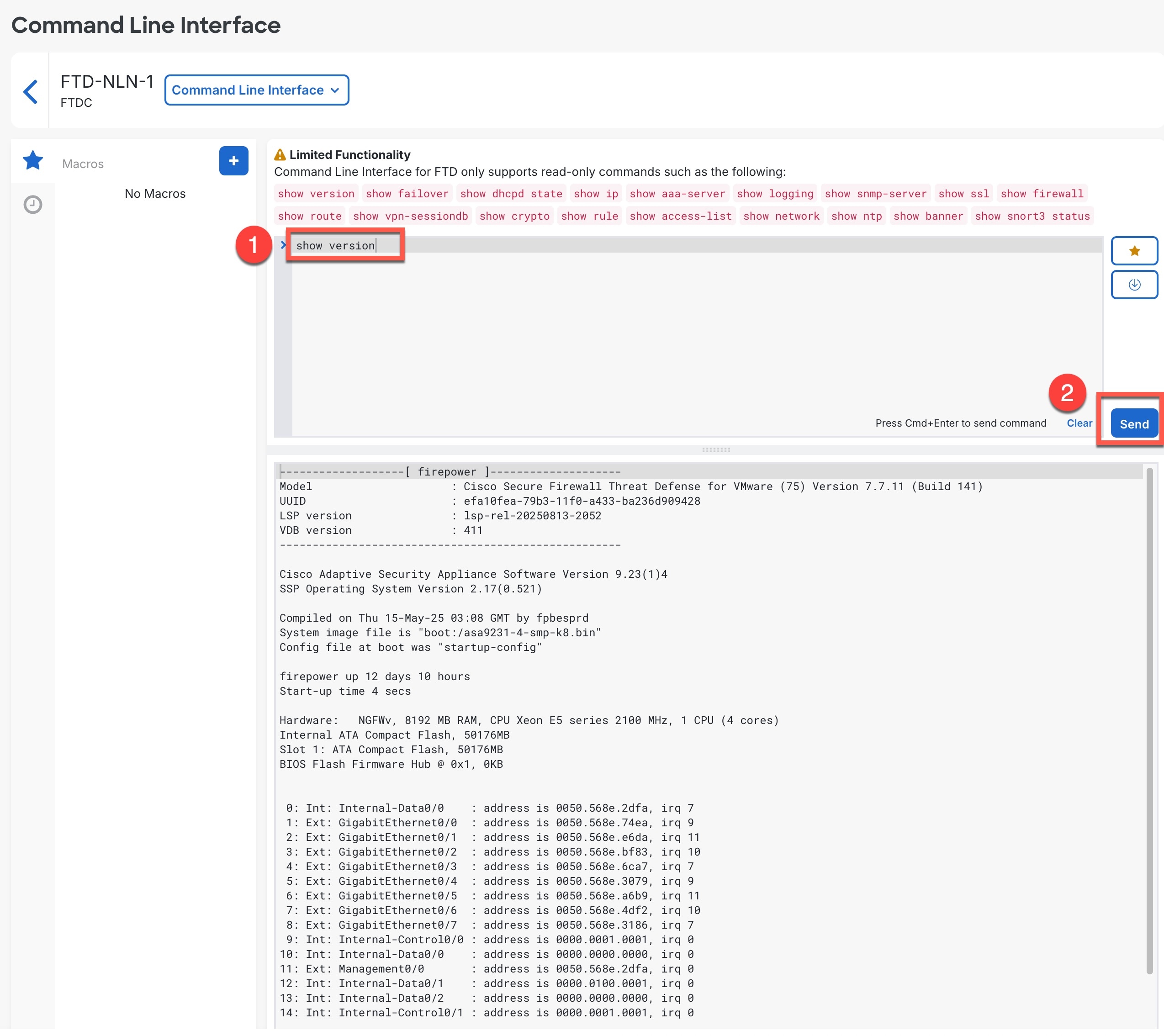 Command Line Interface page with the highlighted show version and send options.