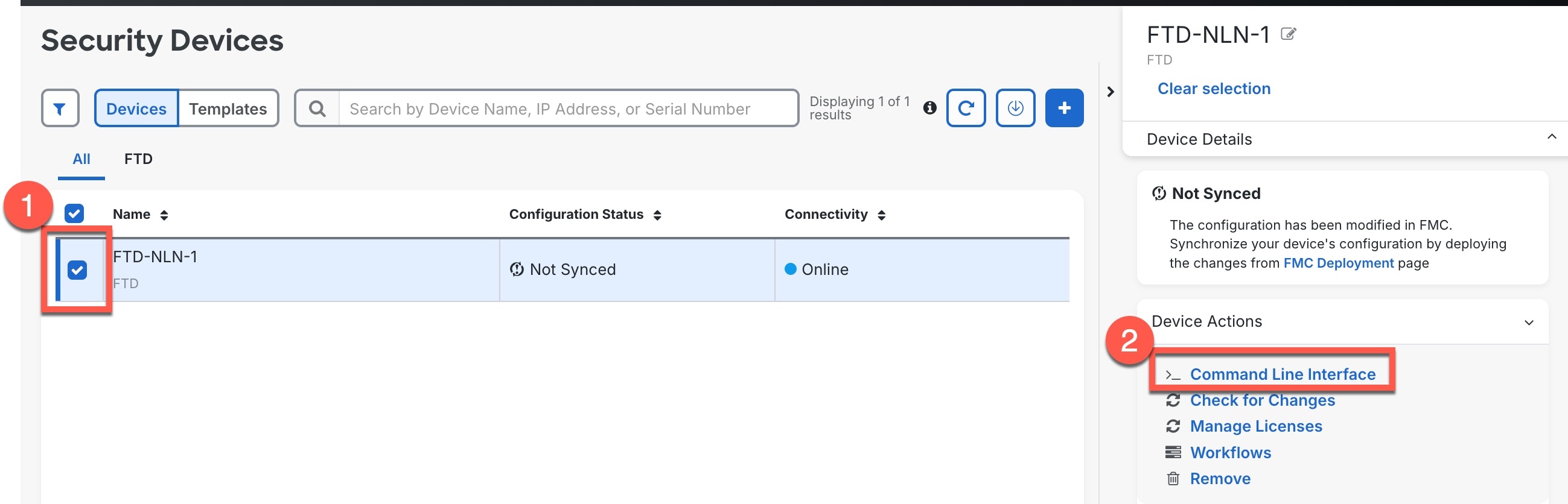 Security Devices page with the command line interface button highlighted.