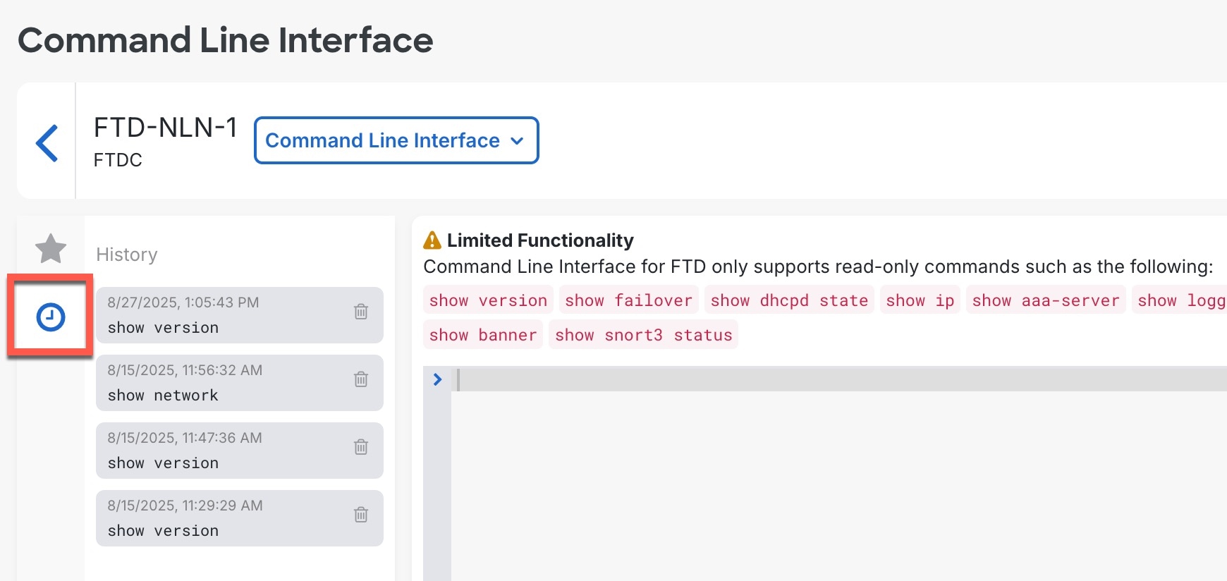 Command Line Interface with highlighted history pane.