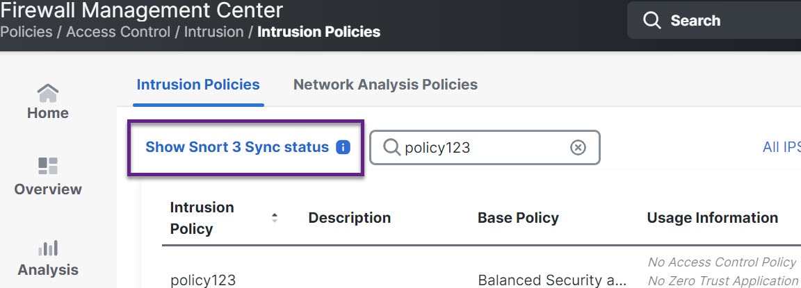 The image illustrates the synchronization status of Snort 2 and Snort 3 intrusion policies, highlighting an orange arrow that indicates a mismatch between the two versions.