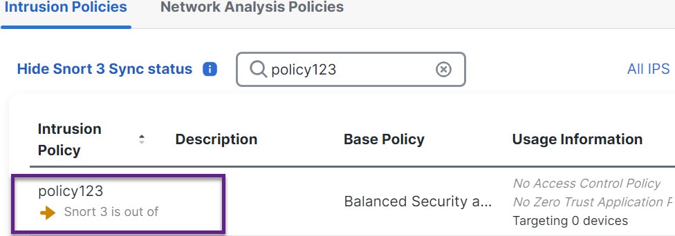 The Snort 2 to Snort 3 Sync Summary page shows an orange arrow indicating that the Snort 2 and Snort 3 versions of the intrusion policy are not synchronized, with the sync status marked as pending.