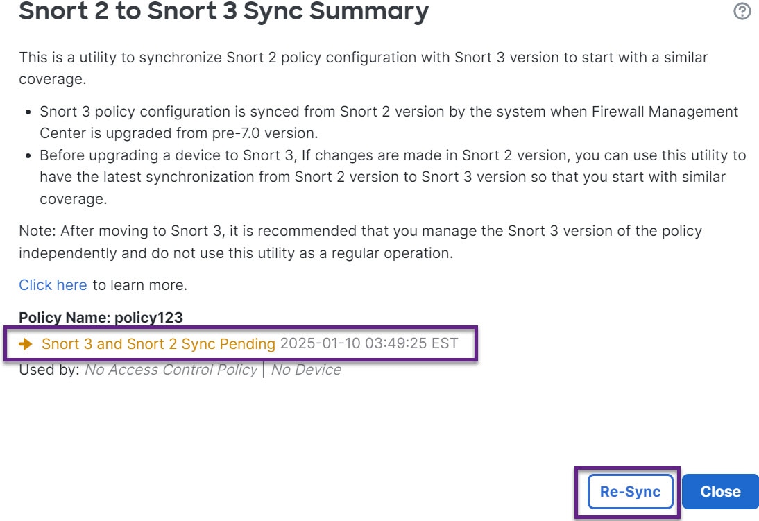 The Snort 2 to Snort 3 Sync Summary page shows the status of the sync process, indicating that the conversion of rules from Snort 2 to Snort 3 is currently pending.