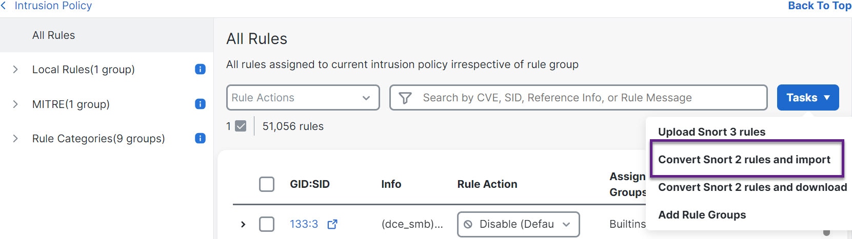 The image illustrates the process of converting Snort 2 rules to Snort 3, highlighting the steps to check for migrated rules and initiate the conversion.