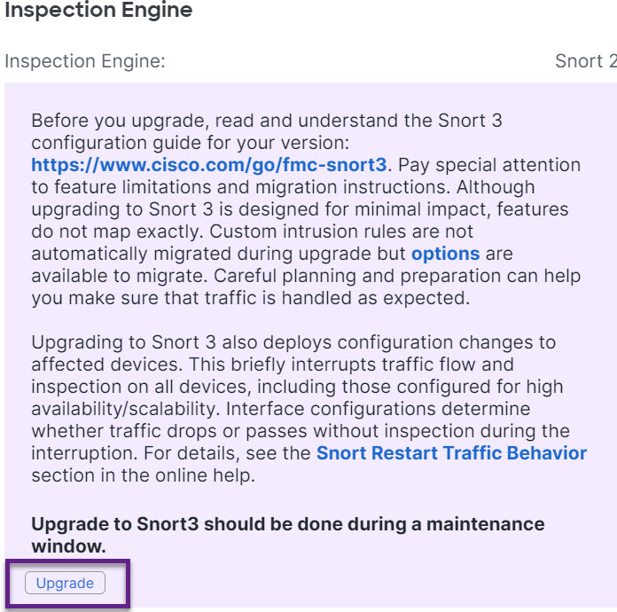 The image illustrates the deployment process of converting policy configurations to ensure compatibility with the selected Snort version in a threat defense system.