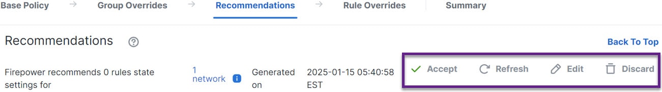 The Snort 3 interface shows options for managing rule recommendations, including refreshing, editing, and discarding rules within an intrusion policy.
