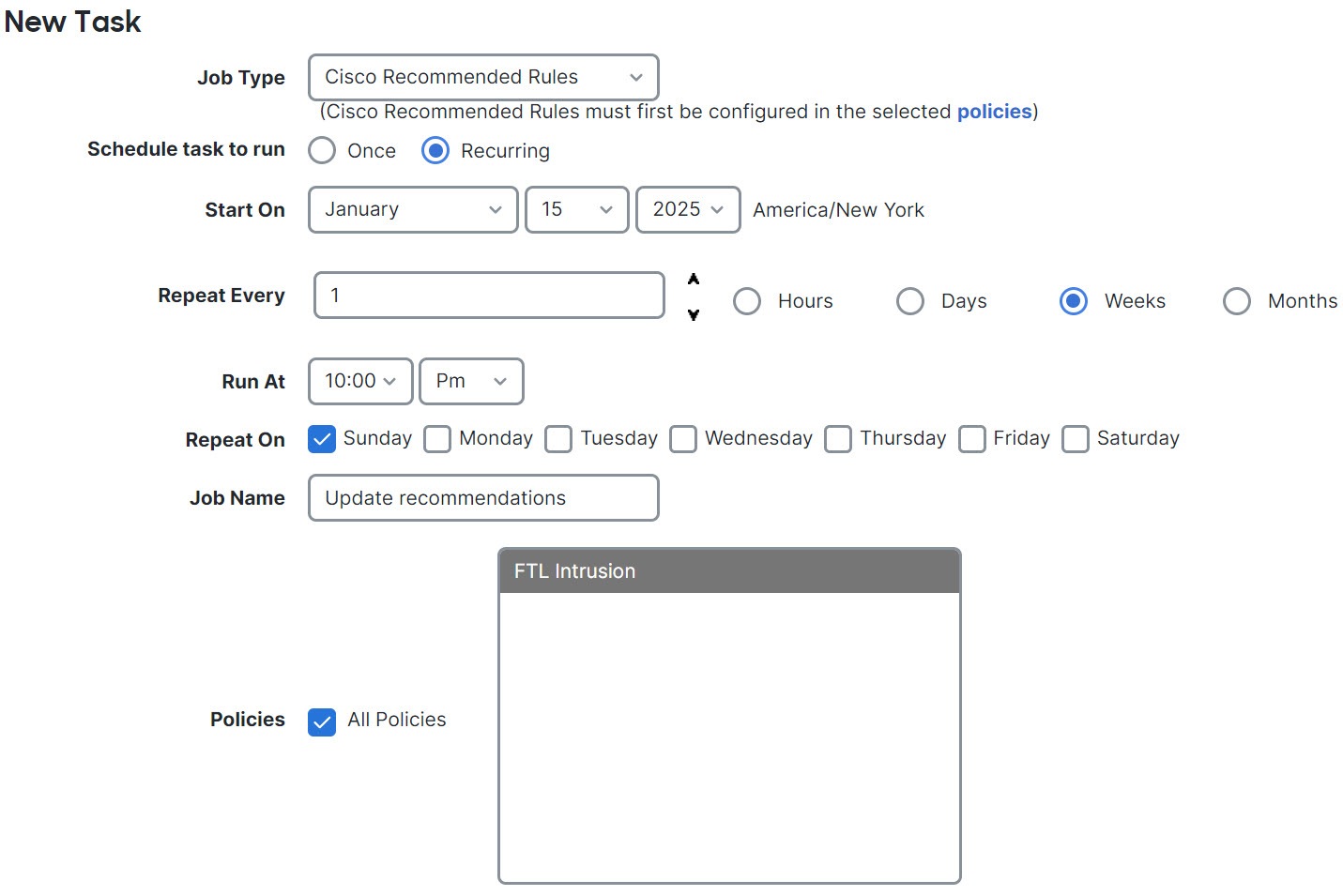 The Snort 3 recommendations interface displays options for adding tasks and selecting Cisco Recommended Rules from the Job Type drop-down list.