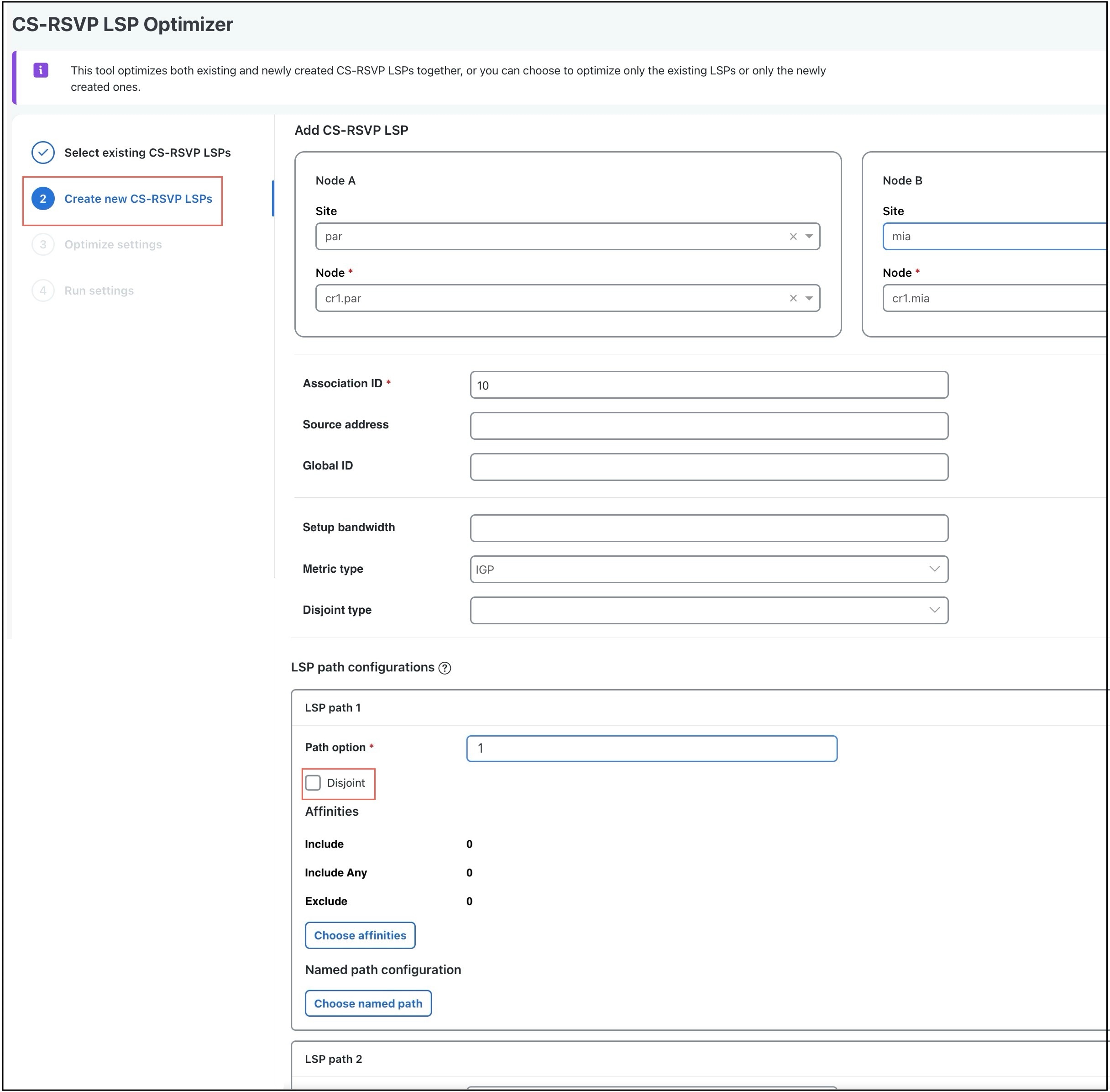 Create new CS-RSVP LSPs page