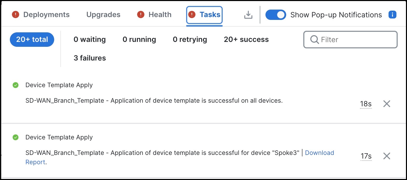 Notifications about template application on a device