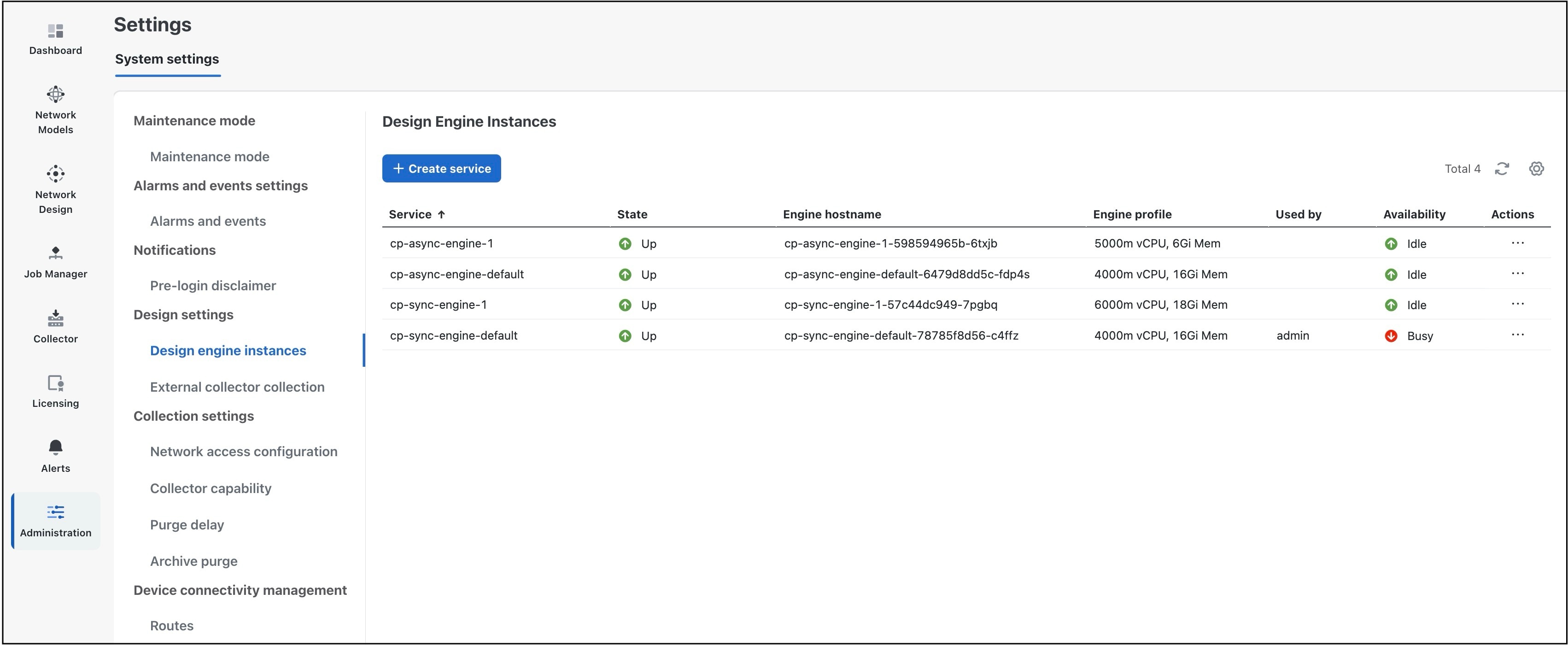 Design engine instances page