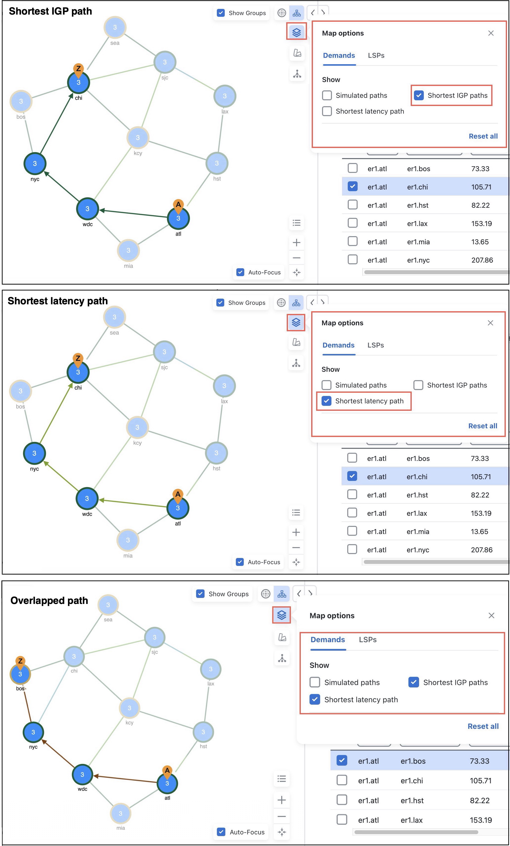 Shortest IGP and latency paths, and overlapped path