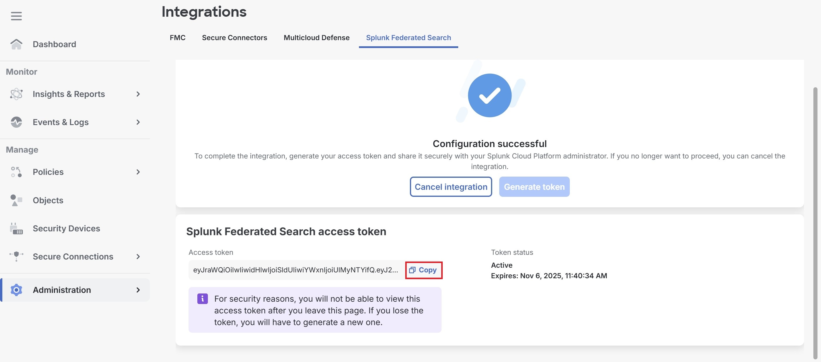 Splunk Federated Search access token screen