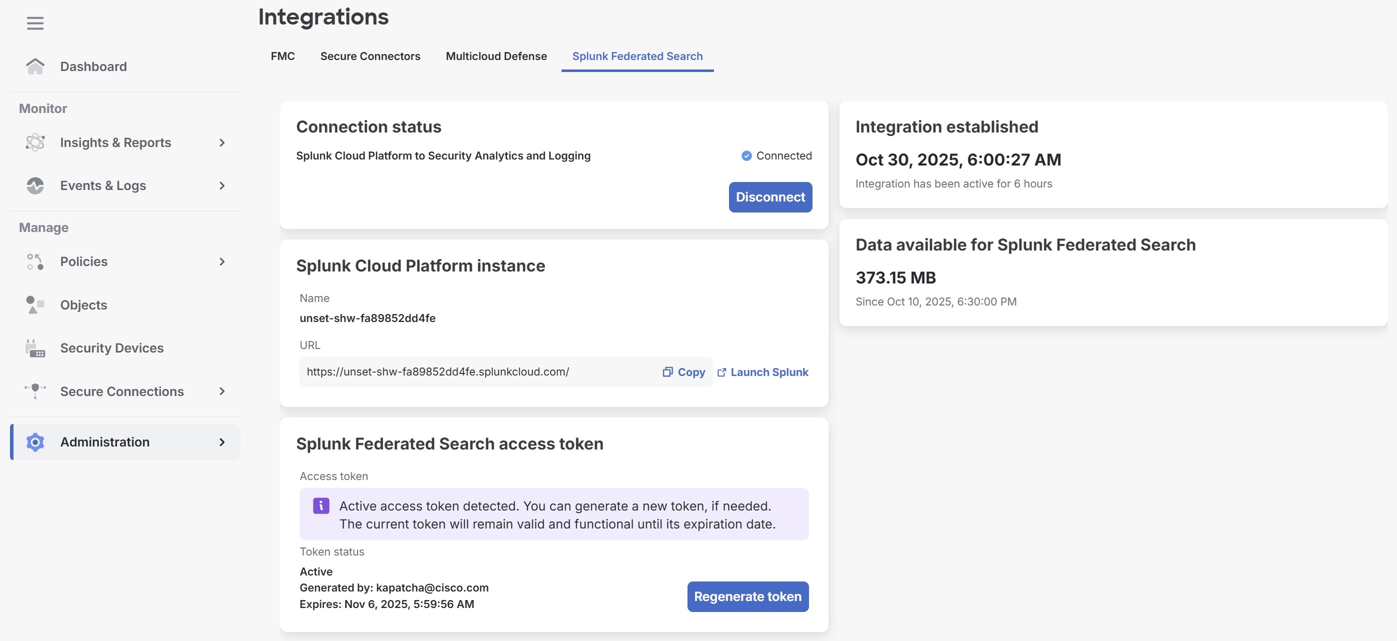 Screenshot of the Splunk Federated Search integrations page