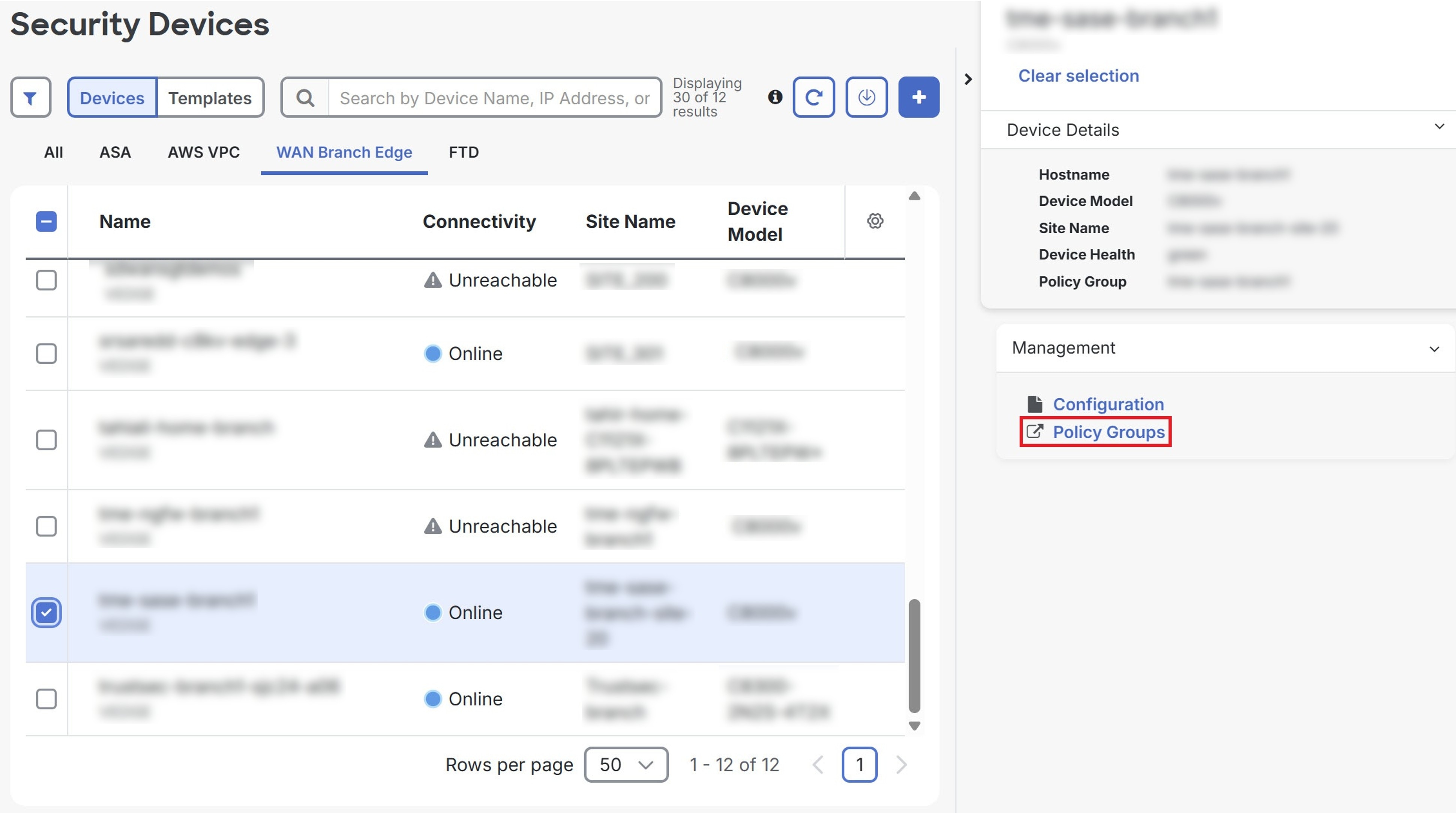 The Security Devices page displays a list of devices with their policy group status and available management actions.