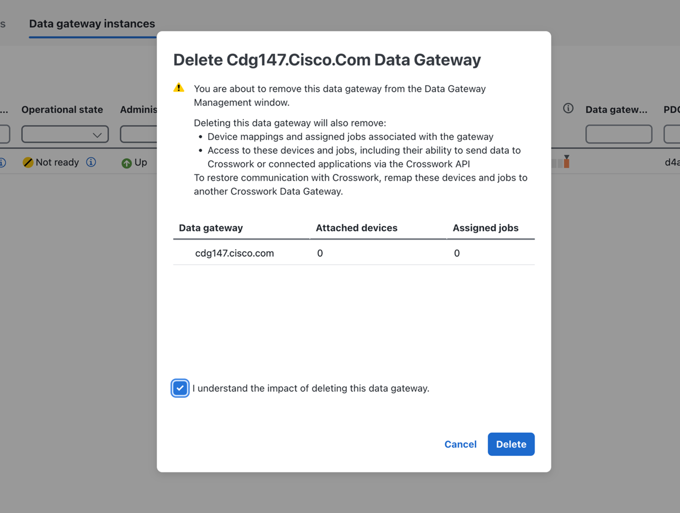 Delete Data Gateway Confirmation Dialog Box